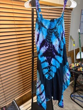 Blue Tie-Dye Midi Dress with Handkerchief Hem